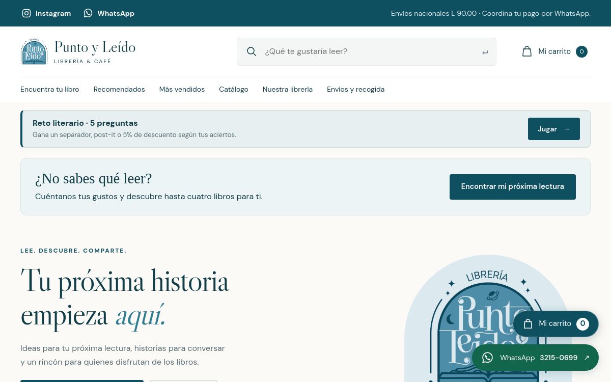 Página de Punto y Leído con catálogo, reto literario y recomendaciones de libros